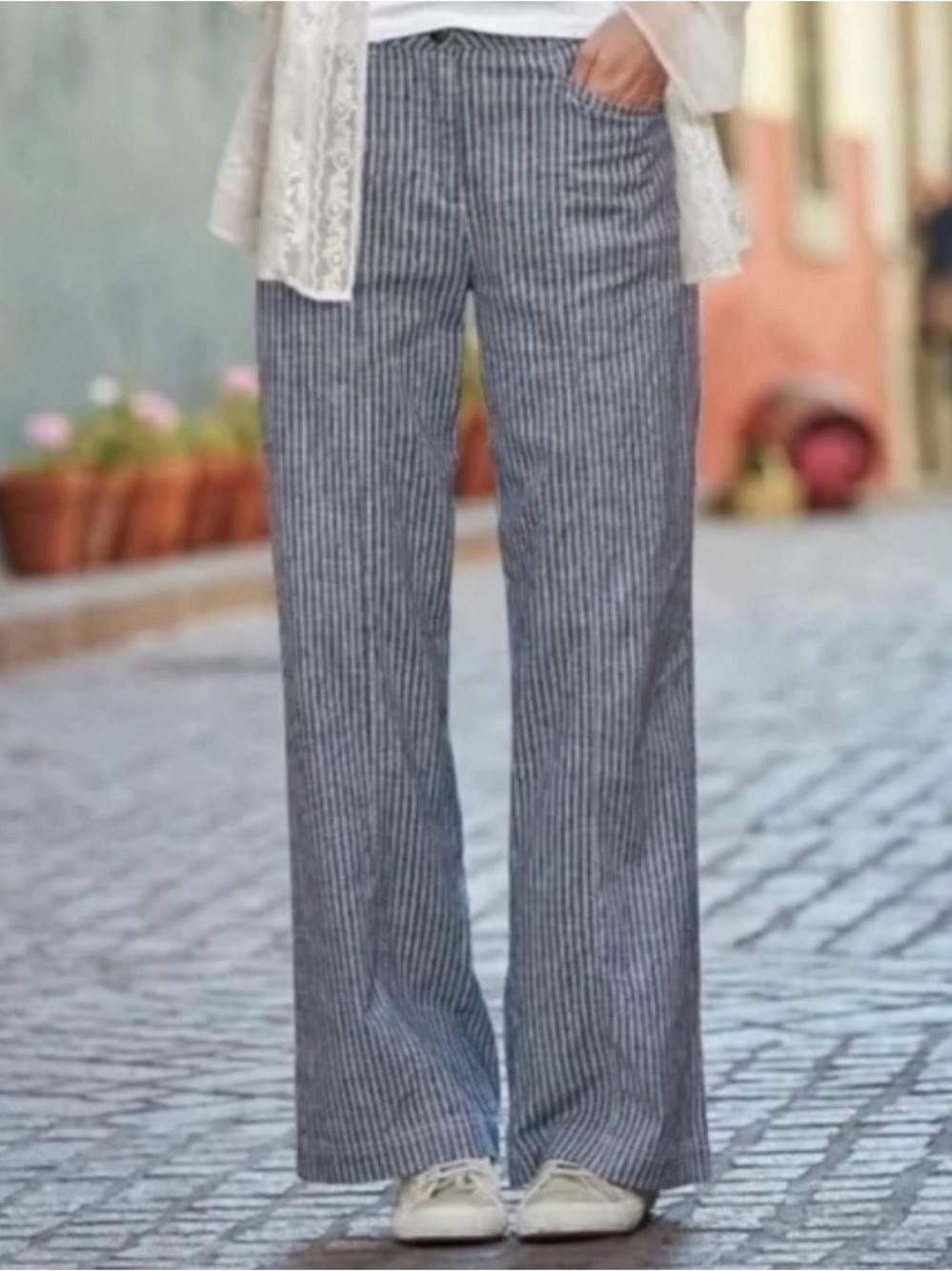 EUC Sundance Blue & White Pinstripe Wide-Leg Linen Pants - Picture 2 of 11